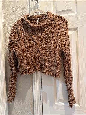 Free People Chunky Cable Knit Cropped Turtleneck Sweater - Brown